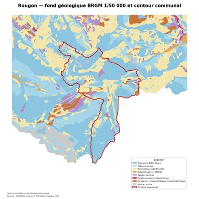 Carte géologique BRGM de Rougon avec contour communal