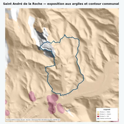 Carte argiles RGA de Saint André de la Roche avec contour communal