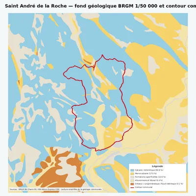 Carte géologique BRGM de Saint André de la Roche avec contour communal