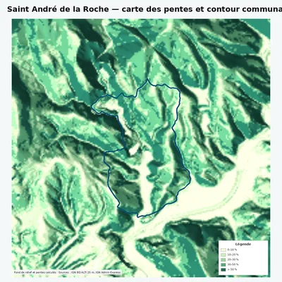Carte des pentes de Saint André de la Roche avec contour communal