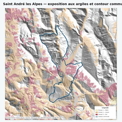 Carte argiles RGA de Saint André les Alpes avec contour communal