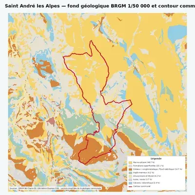 Carte géologique BRGM de Saint André les Alpes avec contour communal