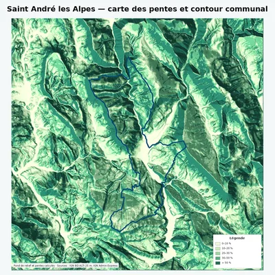 Carte des pentes de Saint André les Alpes avec contour communal