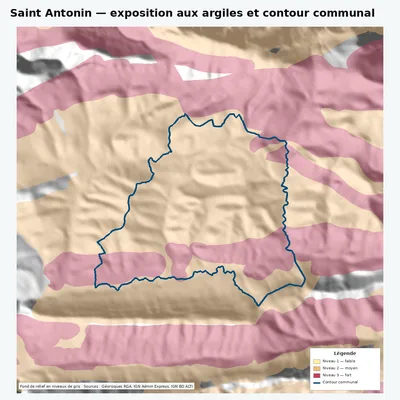 Carte argiles RGA de Saint Antonin avec contour communal