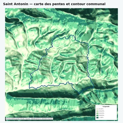 Carte des pentes de Saint Antonin avec contour communal