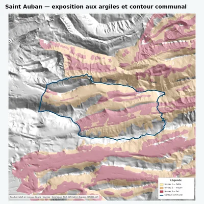 Carte argiles RGA de Saint Auban avec contour communal