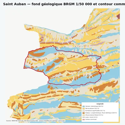 Carte géologique BRGM de Saint Auban avec contour communal