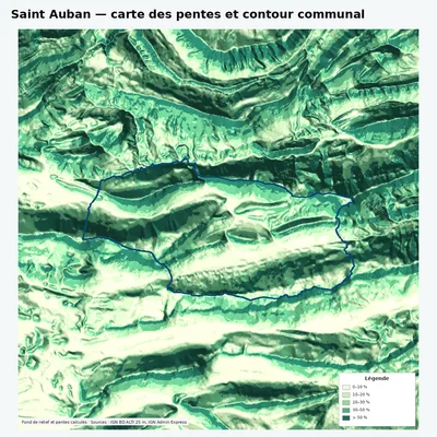 Carte des pentes de Saint Auban avec contour communal