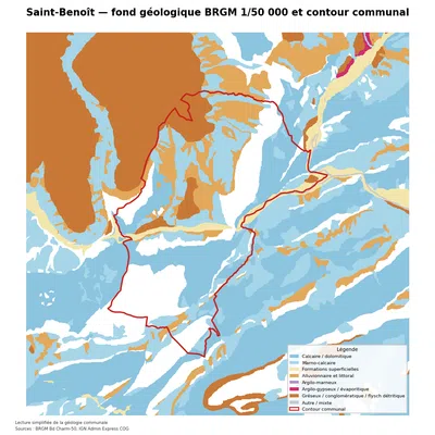 Carte géologique BRGM de Saint-Benoît avec contour communal
