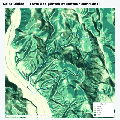 Carte des pentes de Saint Blaise avec contour communal