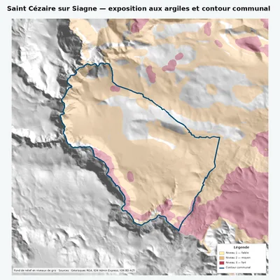 Carte argiles RGA de Saint Cézaire sur Siagne avec contour communal