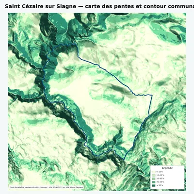 Carte des pentes de Saint Cézaire sur Siagne avec contour communal