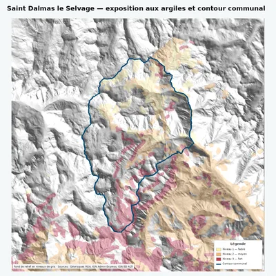 Carte argiles RGA de Saint Dalmas le Selvage avec contour communal