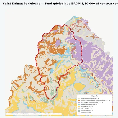 Carte géologique BRGM de Saint Dalmas le Selvage avec contour communal