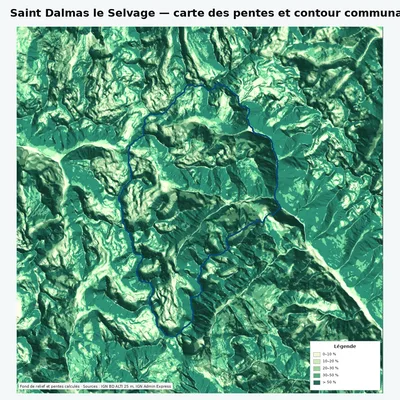Carte des pentes de Saint Dalmas le Selvage avec contour communal