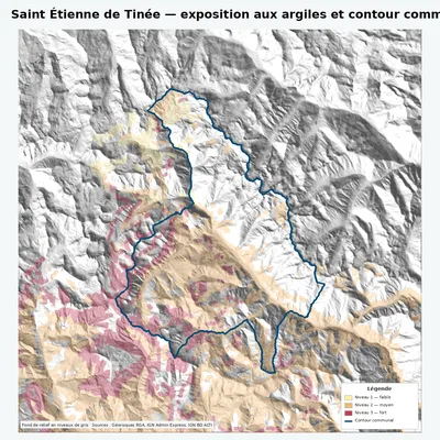Carte argiles RGA de Saint Étienne de Tinée avec contour communal