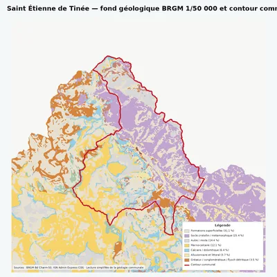 Carte géologique BRGM de Saint Étienne de Tinée avec contour communal