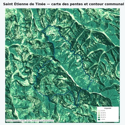 Carte des pentes de Saint Étienne de Tinée avec contour communal