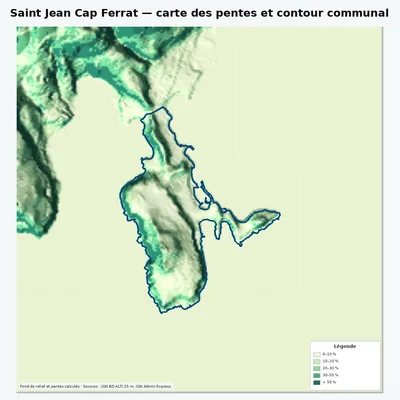 Carte des pentes de Saint Jean Cap Ferrat avec contour communal