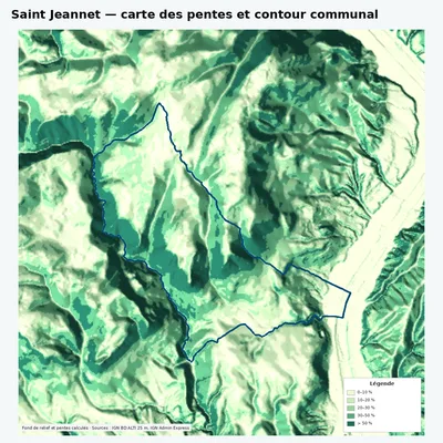 Carte des pentes de Saint Jeannet avec contour communal