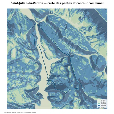 Carte des pentes sur la commune de Saint-Julien-du-Verdon