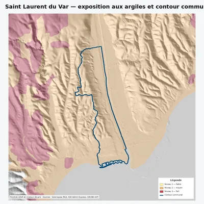 Carte argiles RGA de Saint Laurent du Var avec contour communal