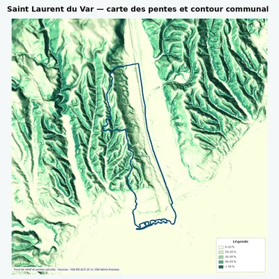 Carte des pentes de Saint Laurent du Var avec contour communal