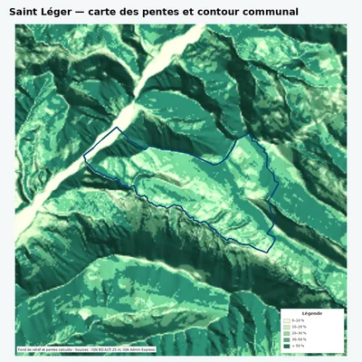 Carte des pentes de Saint Léger avec contour communal