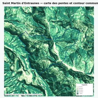 Carte des pentes de Saint Martin d\ avec contour communal