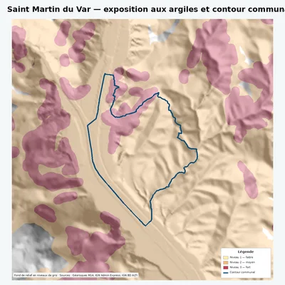 Carte argiles RGA de Saint Martin du Var avec contour communal