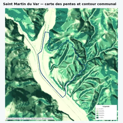 Carte des pentes de Saint Martin du Var avec contour communal