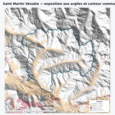 Carte argiles RGA de Saint Martin Vésubie avec contour communal