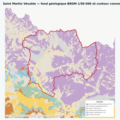 Carte géologique BRGM de Saint Martin Vésubie avec contour communal