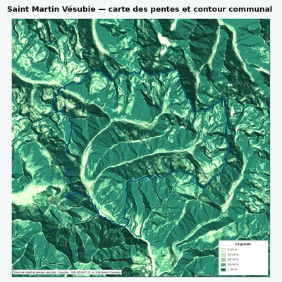 Carte des pentes de Saint Martin Vésubie avec contour communal