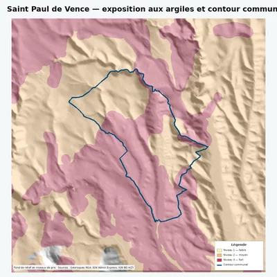 Carte argiles RGA de Saint Paul de Vence avec contour communal