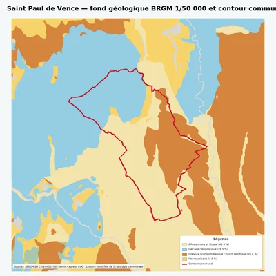 Carte géologique BRGM de Saint Paul de Vence avec contour communal