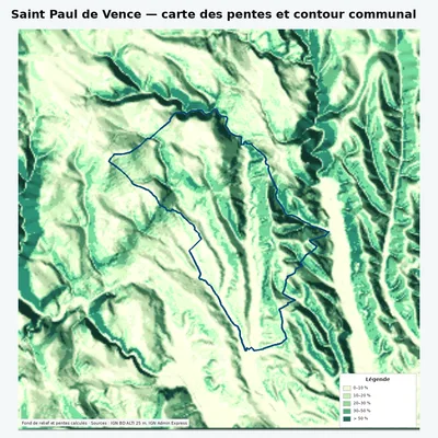 Carte des pentes de Saint Paul de Vence avec contour communal