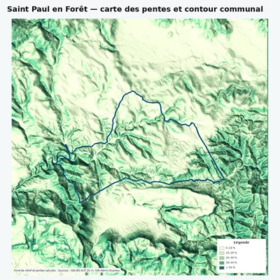 Carte des pentes de Saint Paul en Forêt avec contour communal