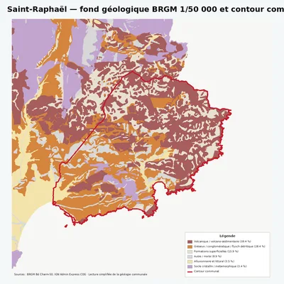 Carte géologique BRGM de Saint-Raphaël avec contour communal