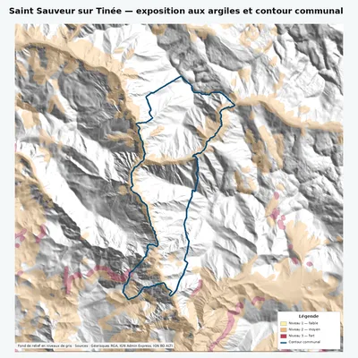 Carte argiles RGA de Saint Sauveur sur Tinée avec contour communal