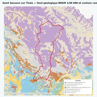 Carte géologique BRGM de Saint Sauveur sur Tinée avec contour communal