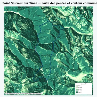 Carte des pentes de Saint Sauveur sur Tinée avec contour communal