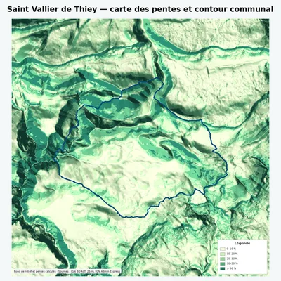 Carte des pentes de Saint Vallier de Thiey avec contour communal