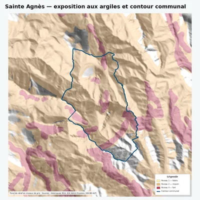 Carte argiles RGA de Sainte Agnès avec contour communal
