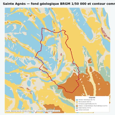 Carte géologique BRGM de Sainte Agnès avec contour communal