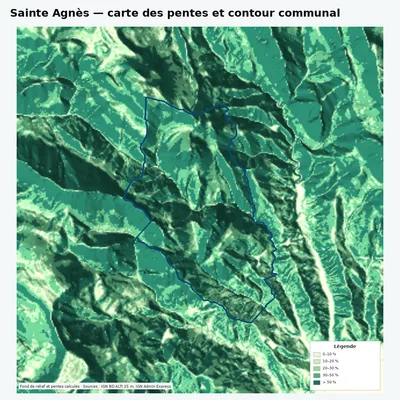 Carte des pentes de Sainte Agnès avec contour communal
