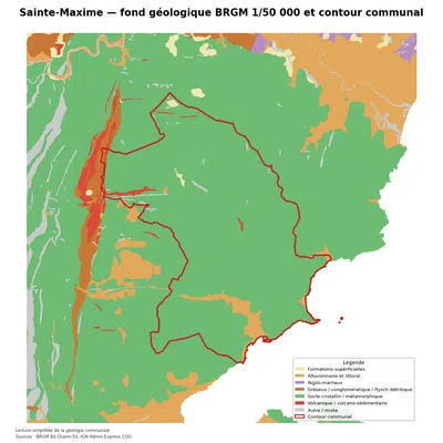 Carte géologique BRGM de Sainte-Maxime avec contour communal
