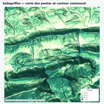 Carte des pentes de Sallagriffon avec contour communal