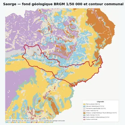 Carte géologique BRGM de Saorge avec contour communal