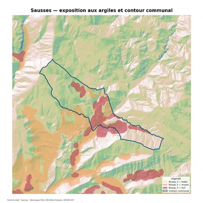 Carte d’exposition au retrait-gonflement des argiles à Sausses